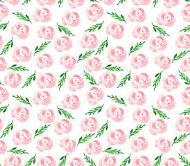 Seamless Botanical pattern with delicate rose flowers and green leaves. Watercolor background for Wallpaper, textile or packaging design.