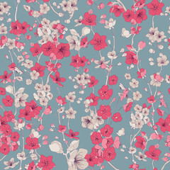 Vector Retro Seamless Botanical Cherry Flower Textile Background