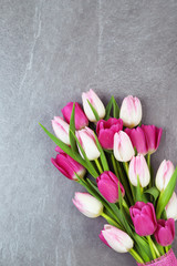 Bouquet of tulips on grey background.
