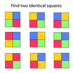 Find two identical squares, fun education puzzle game for children, preschool worksheet activity for kids, task for the development of logical thinking and mind, vector illustration