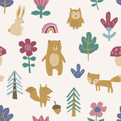 Seamless childish pattern with bear, fox, squirrel, owl and rabbit in the forest with flowers. Cute kids vector illustration for nursery fabric, wrapping, textile, apparel.