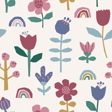 Seamless childish pattern with flowers, rainbows and trees. Cute kids vector illustration for nursery fabric, wrapping, textile, apparel in scandinavian style.