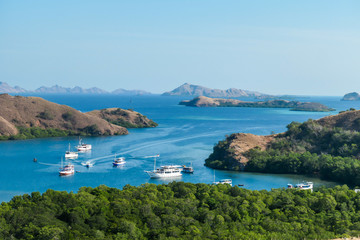 A view from top of the Komodo Island in Indonesia. Discovering new places. There is a lot of boats anchored to the shores of the island's bay. Other islands in the back. Volcanic island.