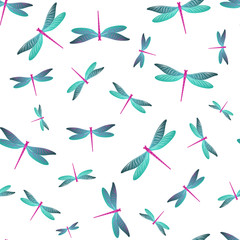 Dragonfly colorful seamless pattern. Spring dress fabric print with flying adder insects. Graphic 