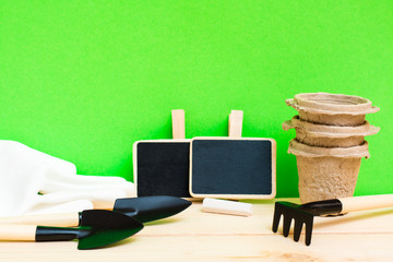 Home gardening. Miniature gardening tools, plants signboards, paper pots for seedlings and gloves on a wooden table on a green background.