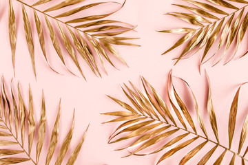 Pattern of golden tropical date palm leaves on pink background. Flat lay, top view minimal concept.