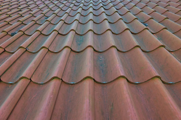 Fragment of a roof made of orange ceramic tiles. There is a dark coating on the surface. Background. Texture.
