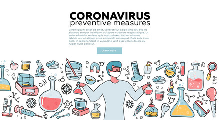 Obraz premium Male Microbiologist scientist research coronavirus CoV in the laboratory surrounded by virus, scientific medical equipment . Awareness campiagn. Tempalte for landing page. Flat vector illustration.