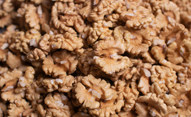 Walnut kernels close up. Top view 