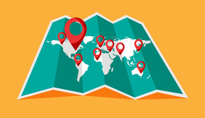 World travel map with pinpoint on it. Location on a global map. Vector illustration.