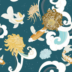 Seamless Sea Wave Wallpaper Koi Fish Botanical Vector Pattern