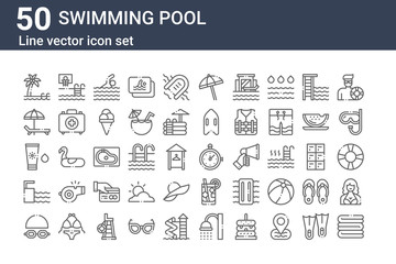 set of 50 swimming pool icons. outline thin line icons such as towel, goggles, springboard, sunscreen, sunbed, basketball