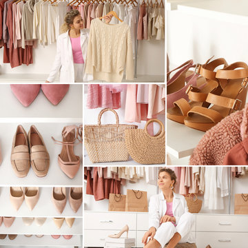 Collage of photos with woman and stylish female clothes and shoes in wardrobe