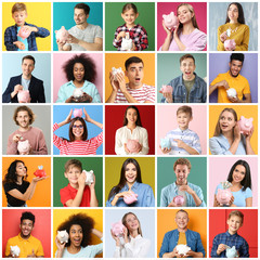 Collage of photos with different people holding piggy banks