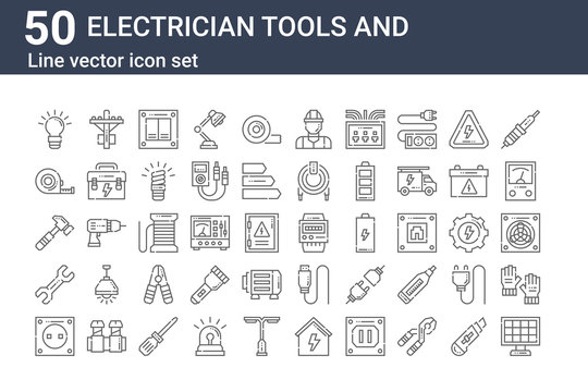 set of 50 electrician tools and icons. outline thin line icons such as solar panel, socket, wrench, hammer, measuring tape, electric pole