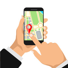 Hands holds smartphone with map navigation on a screen. GPS navigator with red pinpoint. City map with point markers. Vector illustration.