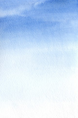 Obraz premium Blue sky on textured watercolor paper. Watercolor background for postcards, covers. Place for an inscription. Stock watercolor illustration.