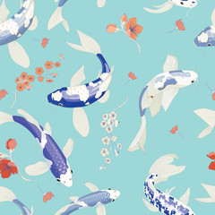 Blue Aquarium Seamless Carp Koi Fish Botanical Vector Pattern