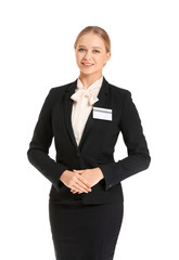 Portrait of female receptionist on white background