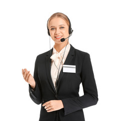 Portrait of female receptionist on white background