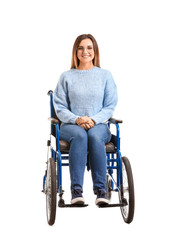 Fototapeta na wymiar Handicapped young woman in wheelchair on white background