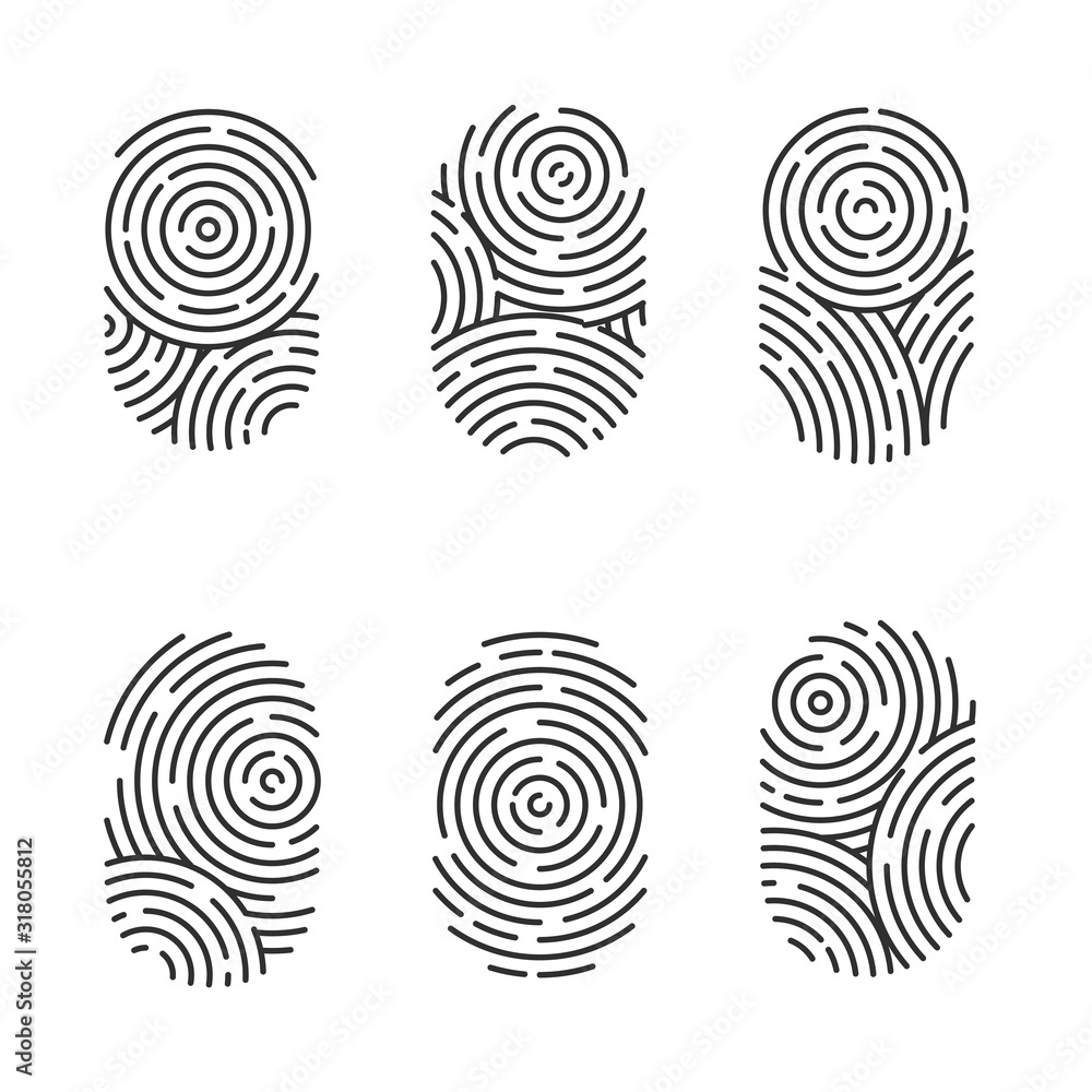 Poster vector set of black and color fingerprints isolated on white background. thumb finger print or perso