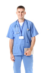 Male medical student with tablet computer on white background