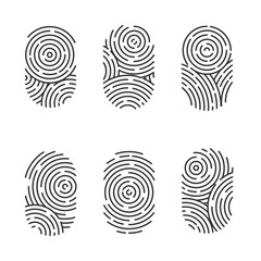 Fototapeta na wymiar Vector set of black and color fingerprints isolated on white background. Thumb finger print or personal id, unique biometric identity for police or security 