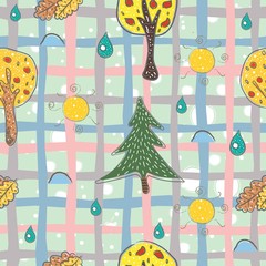 Seamless Pattern with Hand Drawn Trees, rain, leaves and Sun. Scandinavian Hand Drawn Style