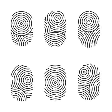 Vector set of black and color fingerprints isolated on white background. Thumb finger print or personal id, unique biometric identity for police or security	
