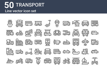 set of 50 transport icons. outline thin line icons such as kick scooter, yatch, locomotive, mixer truck, fire truck, truck