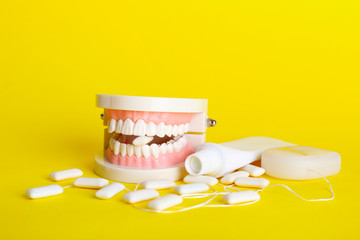 Plastic jaw, tooth paste, floss and chewing gums on color background