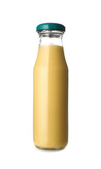 Bottle of tasty sauce on white background