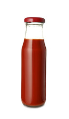 Bottle of tasty sauce on white background