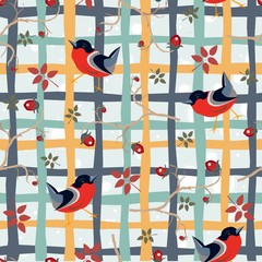 Bird Seamless Pattern. Bullfinch birds on a dark background