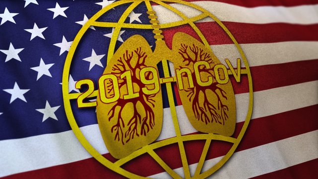 3D illustration of USA flag with iconic global lung as coronavirus 2019-nCoV Wuhan Corona Virus pandemic outbreak