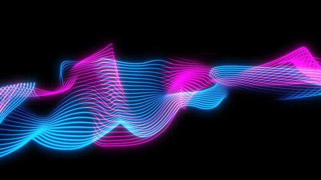 Abstract loopable glowing blue and violet wavy motion background made by glowing retro future neon lines. 4K 60 fps. 