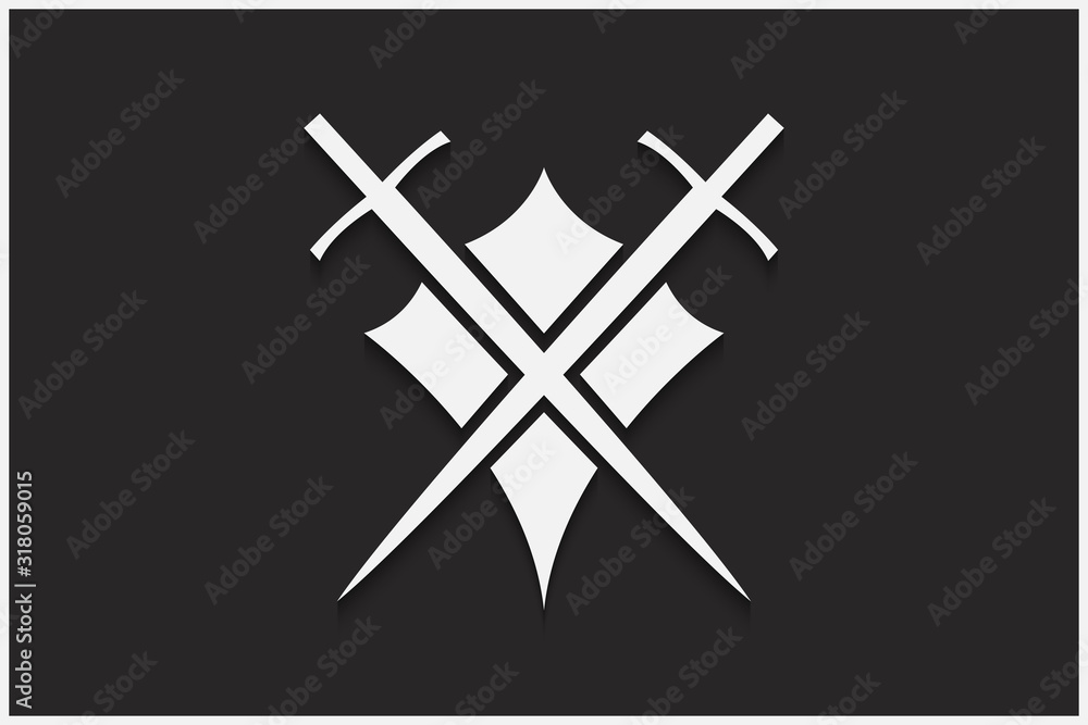 Poster shield and sword vector emblem. white shield and sword on a black background with shadow.