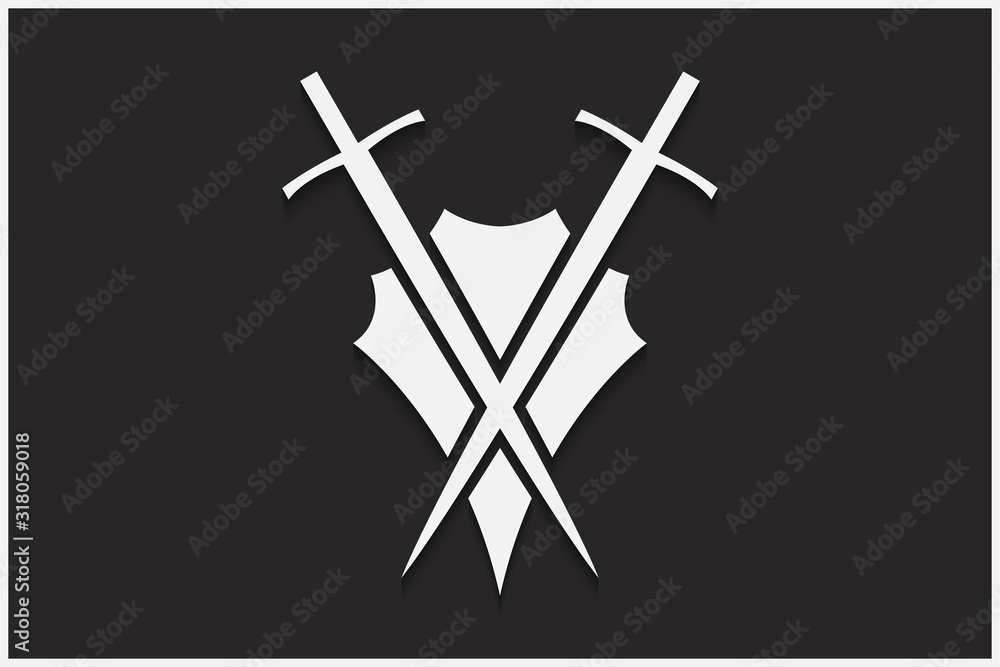 Poster shield and sword vector emblem. white shield and sword on a black background with shadow.