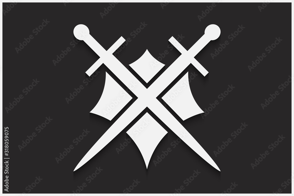 Poster shield and sword vector emblem. white shield and sword on a black background with shadow.