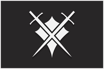 Shield and sword vector emblem. White shield and sword on a black background with shadow.