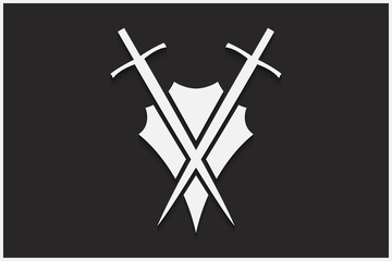 Shield and sword vector emblem. White shield and sword on a black background with shadow.