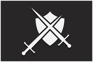 Shield and sword vector emblem. White shield and sword on a black background with shadow.