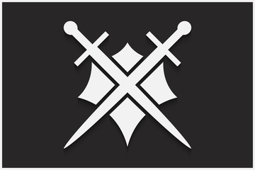 Shield and sword vector emblem. White shield and sword on a black background with shadow.