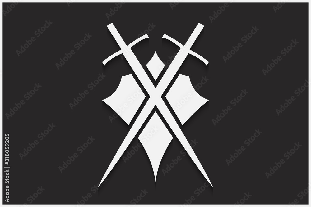 Poster shield and sword vector emblem. white shield and sword on a black background with shadow.