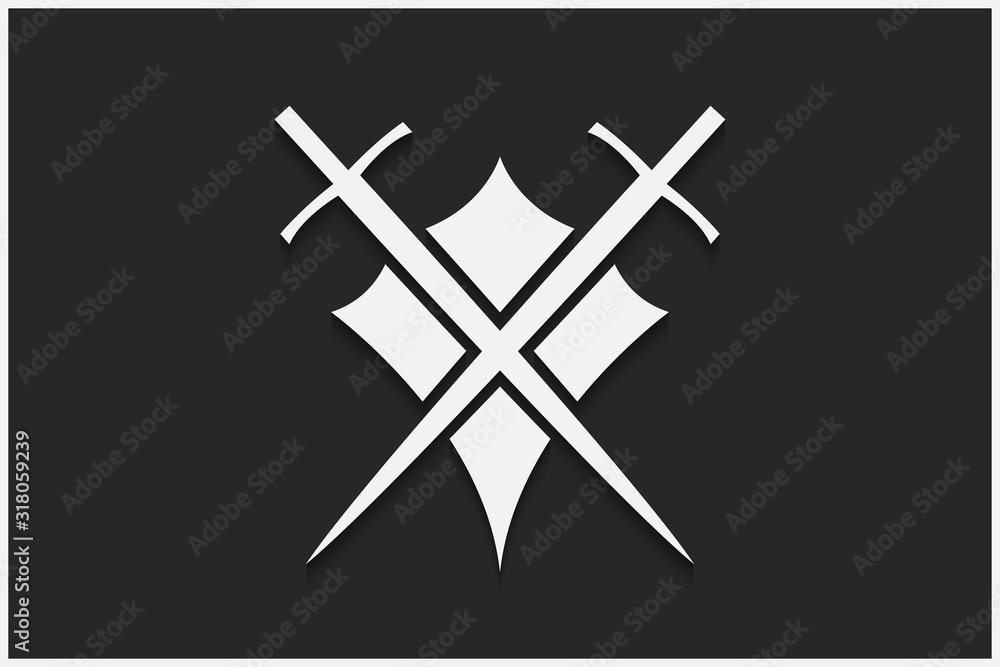 Poster shield and sword vector emblem. white shield and sword on a black background with shadow.