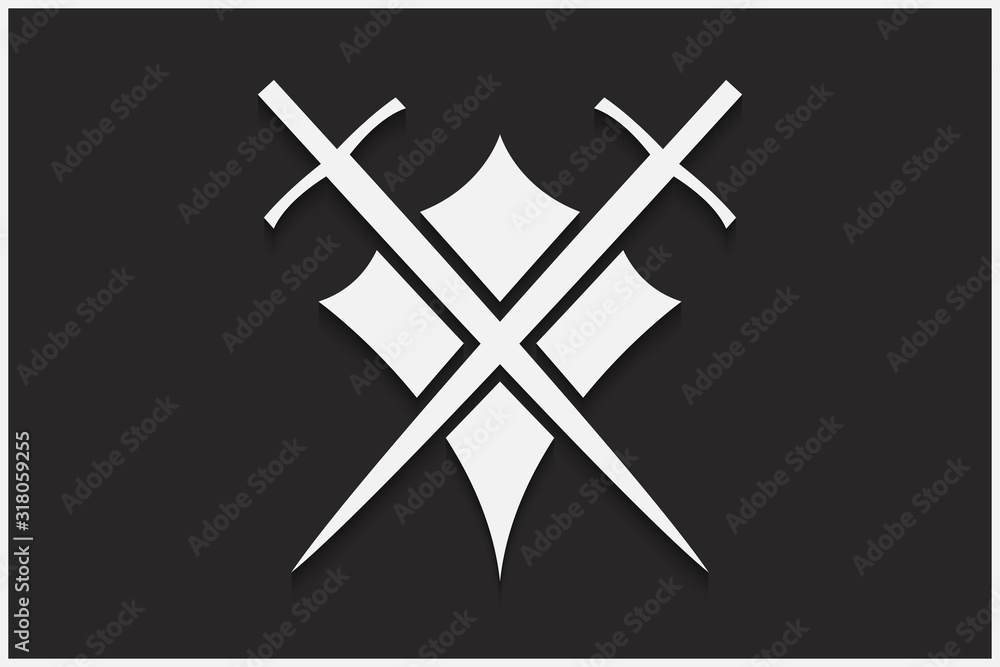 Poster shield and sword vector emblem. white shield and sword on a black background with shadow.