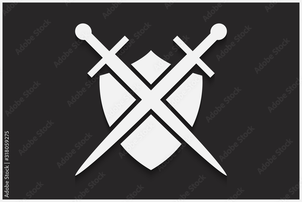 Poster shield and sword vector emblem. white shield and sword on a black background with shadow.