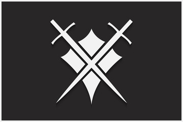 Shield and sword vector emblem. White shield and sword on a black background with shadow.