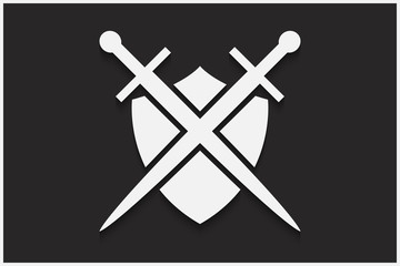 Shield and sword vector emblem. White shield and sword on a black background with shadow.